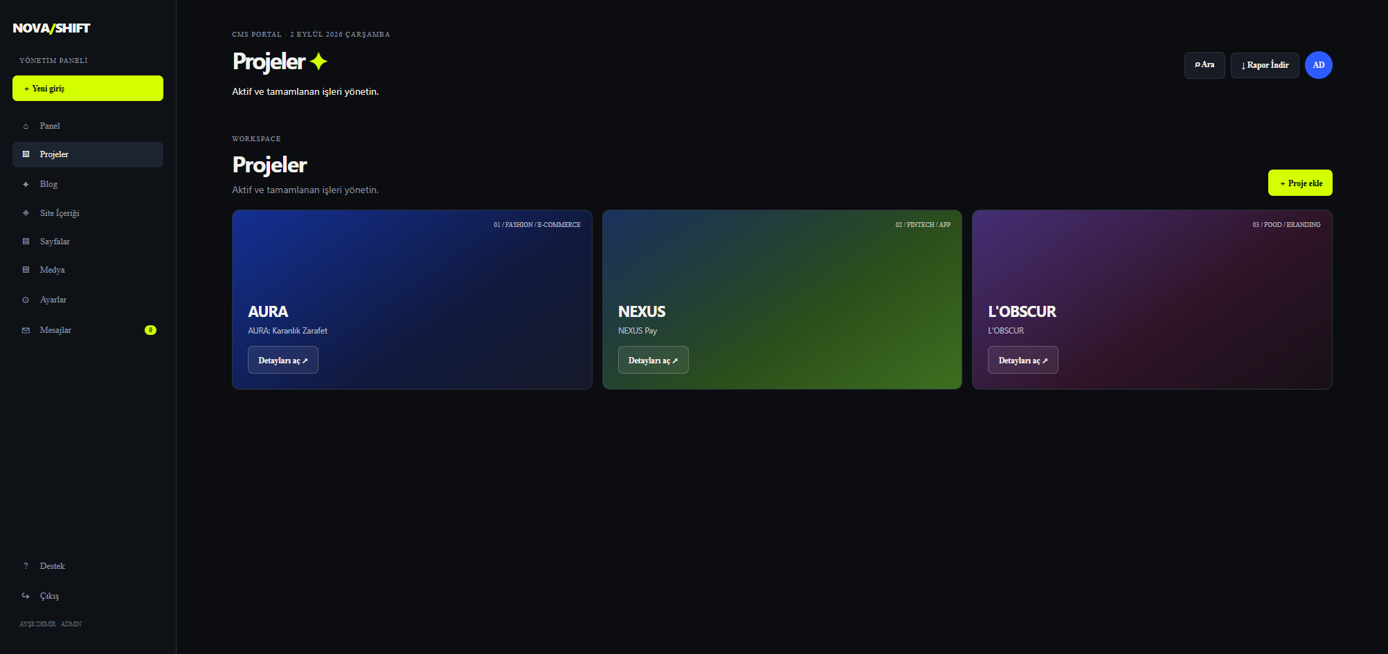 NOVA / SHIFT — Dijital Stüdyo & Özel CMS Platformu detay